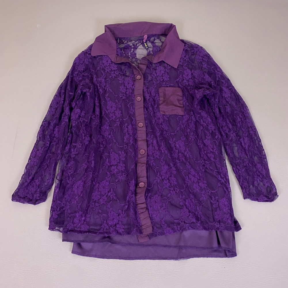 Judith Blouse Button Up Women's 2X Purple Floral Lace Sheer Long Sleeve Collared